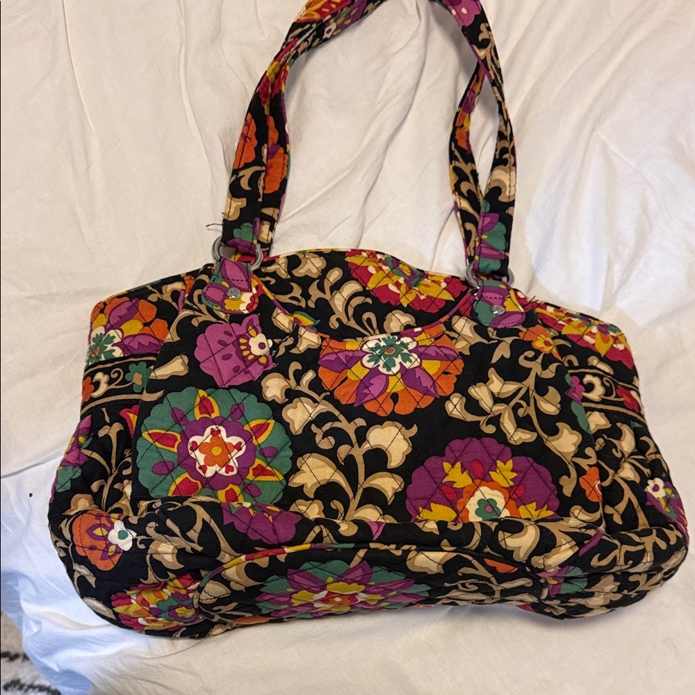 Quilted Floral Tote Bag - Black with Multicolor Flowers